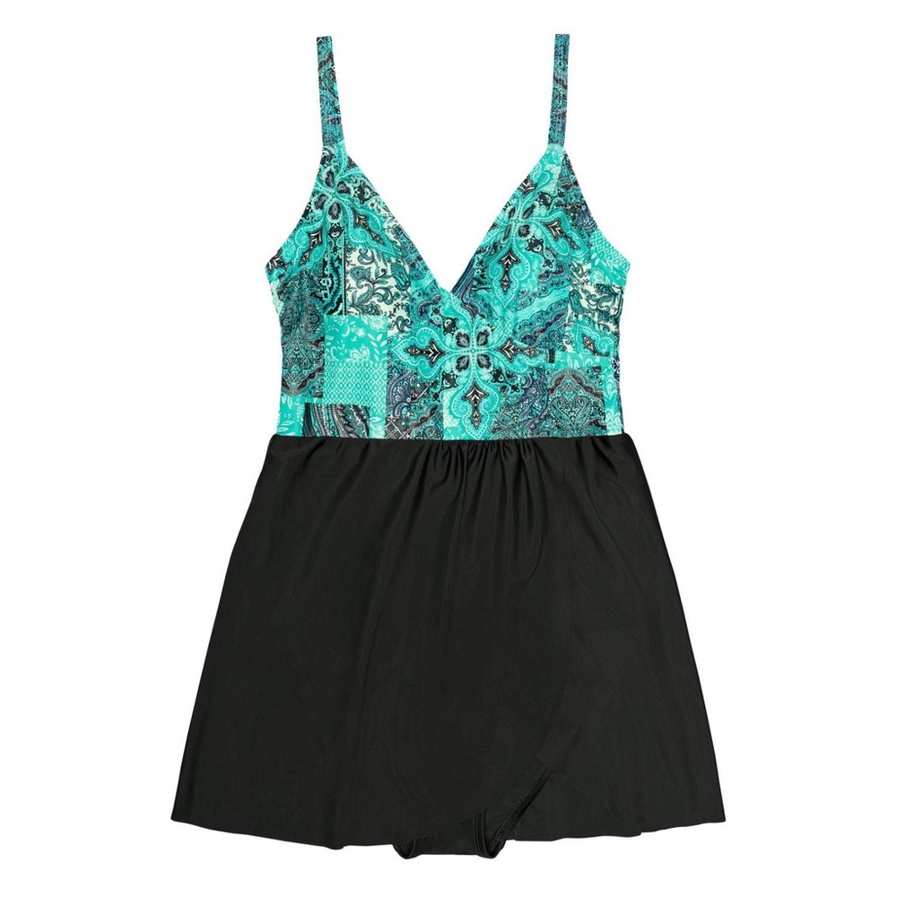 KRISTA Teal Paisley One Piece Swim Dress Modest Plus Size Swimsuit‎ 1X (16/18)